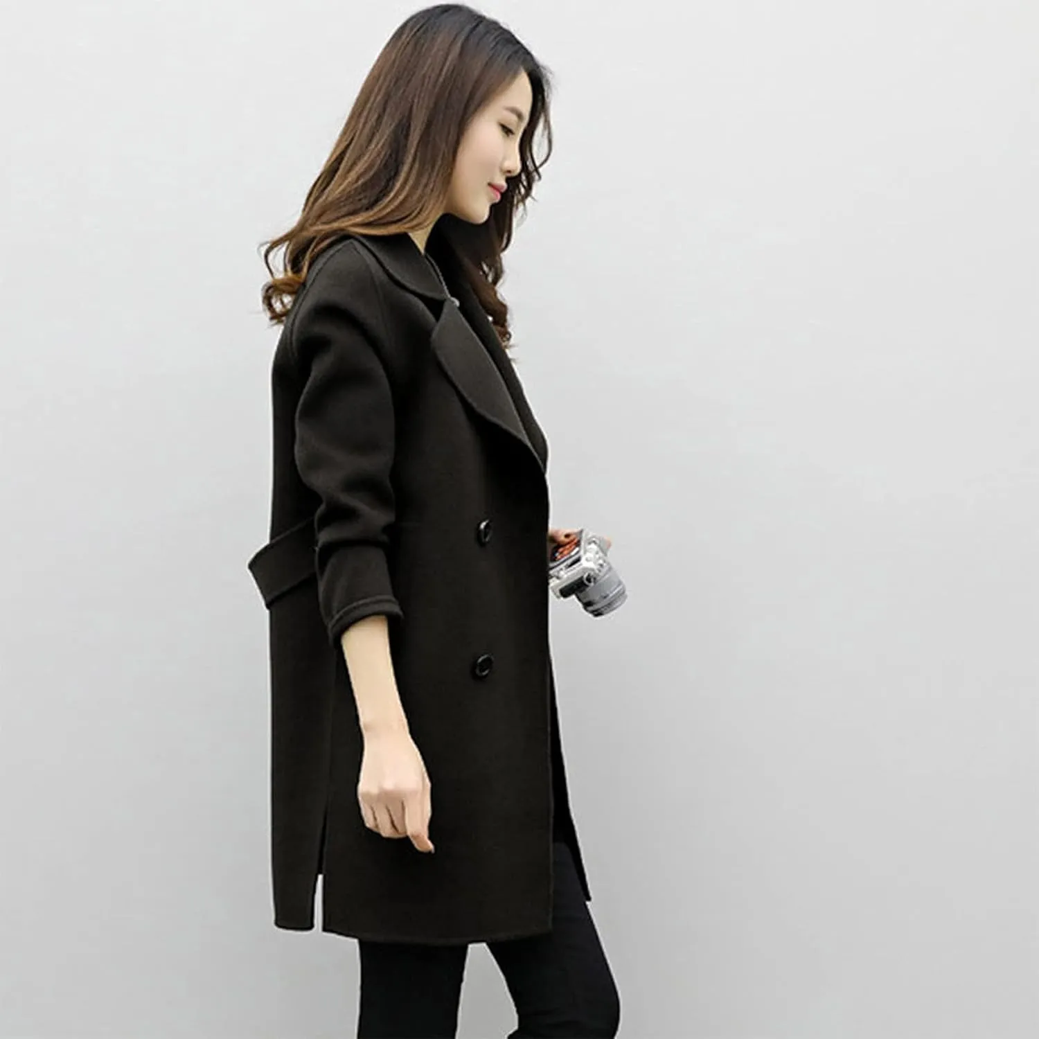 Womens Trendy Woolen Coats Winter Trench Coat Casual Button Cardigan Jacket Overcoat Plain Lapel Outwear