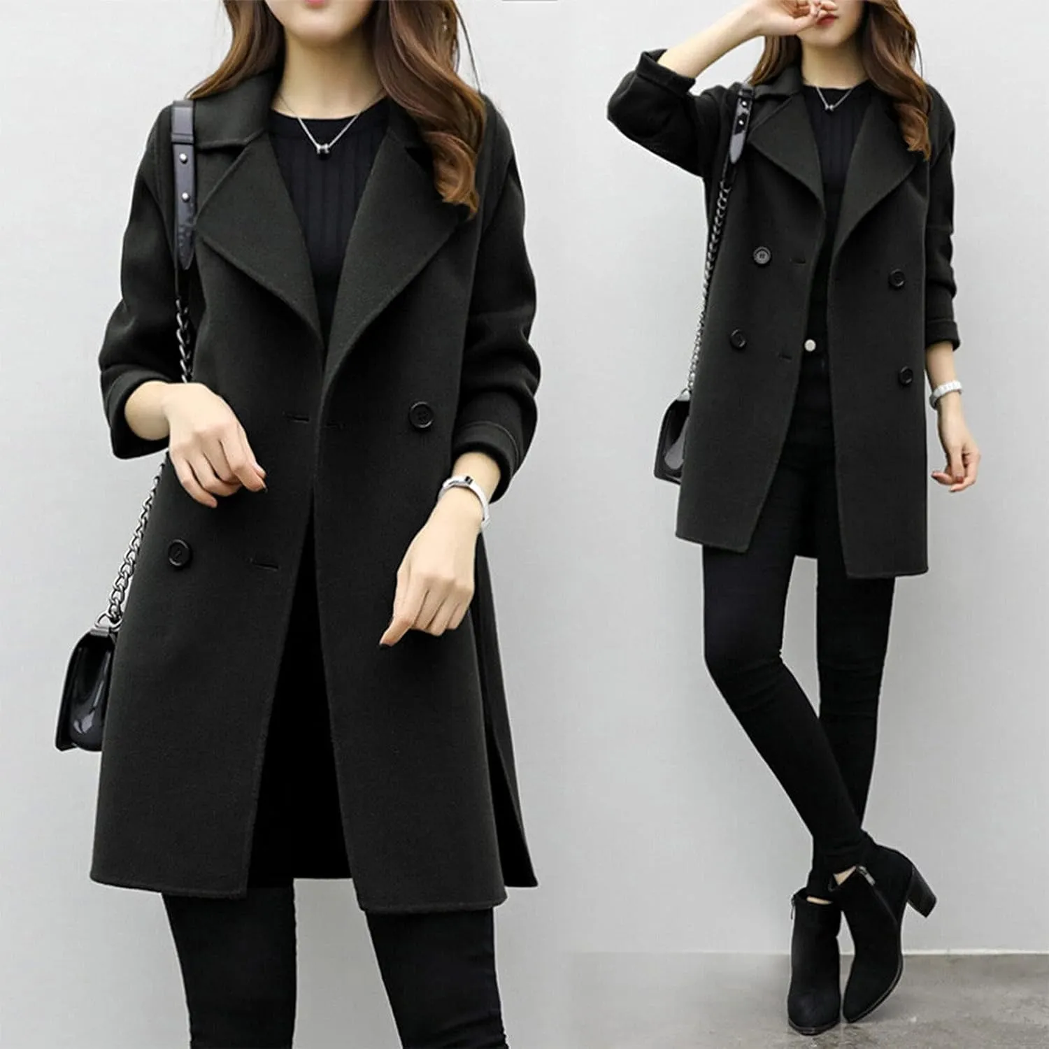 Womens Trendy Woolen Coats Winter Trench Coat Casual Button Cardigan Jacket Overcoat Plain Lapel Outwear