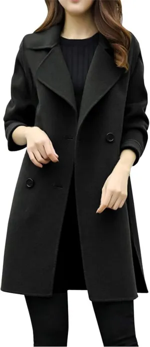 Womens Trendy Woolen Coats Winter Trench Coat Casual Button Cardigan Jacket Overcoat Plain Lapel Outwear