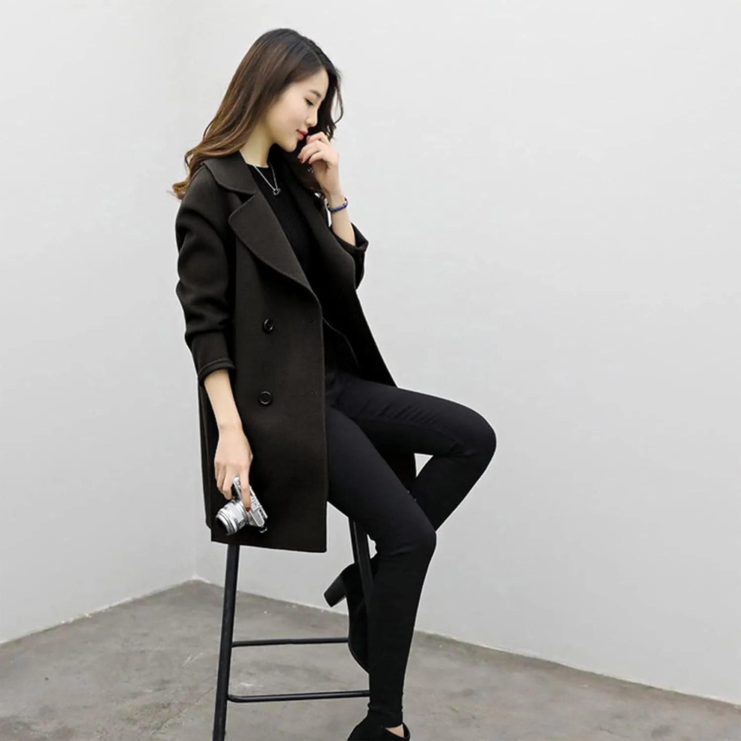 Womens Trendy Woolen Coats Winter Trench Coat Casual Button Cardigan Jacket Overcoat Plain Lapel Outwear