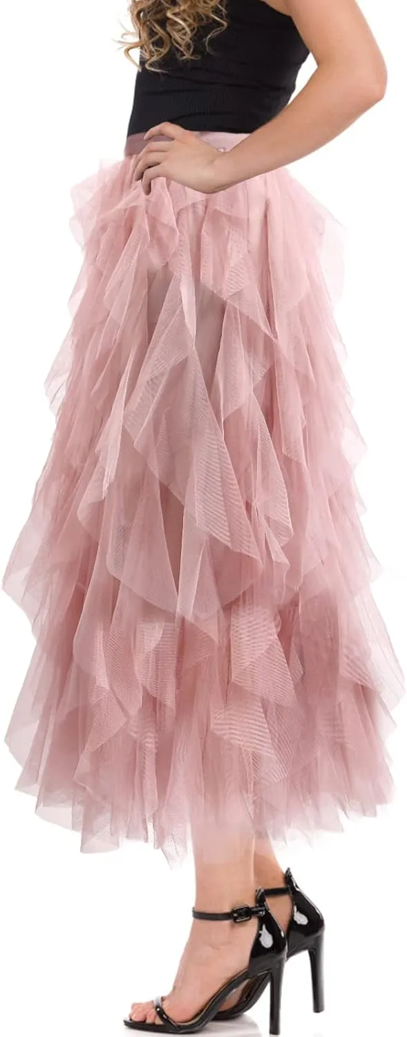 Women's Tulle Skirt A-Line High Low Asymmetrical 3 Layered Midi Length Elastic Waist Tutu Skirts
