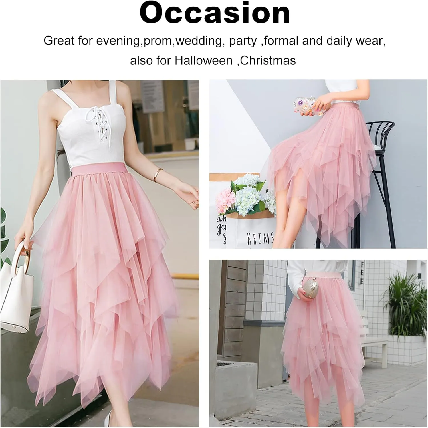 Women's Tulle Skirt A-Line High Low Asymmetrical 3 Layered Midi Length Elastic Waist Tutu Skirts