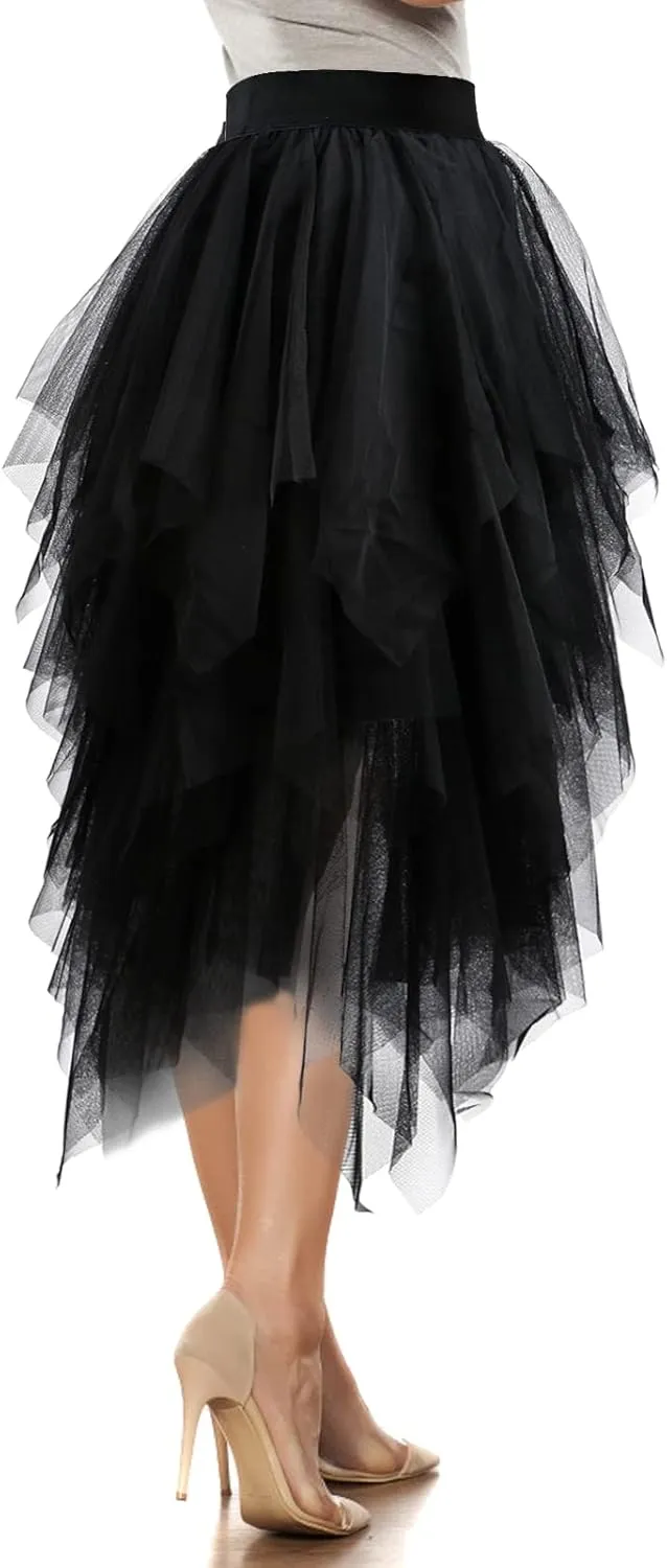 Women's Tulle Skirt A-Line High Low Asymmetrical 3 Layered Midi Length Elastic Waist Tutu Skirts