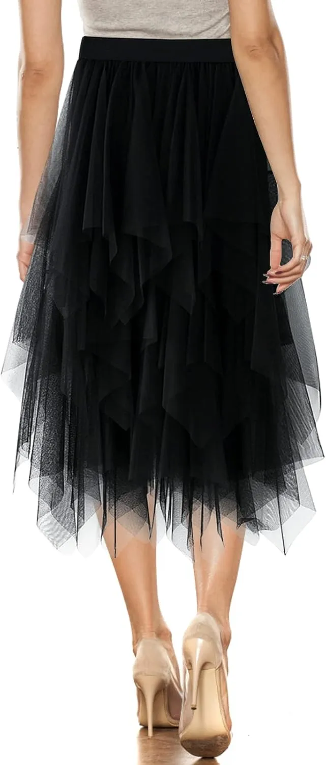 Women's Tulle Skirt A-Line High Low Asymmetrical 3 Layered Midi Length Elastic Waist Tutu Skirts