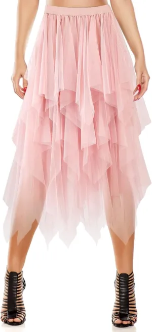 Women's Tulle Skirt A-Line High Low Asymmetrical 3 Layered Midi Length Elastic Waist Tutu Skirts