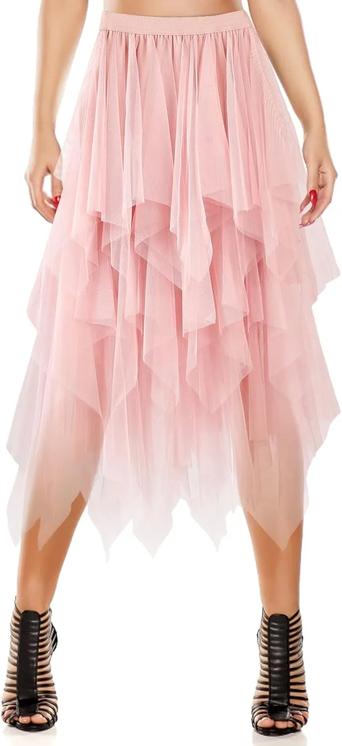 Women's Tulle Skirt A-Line High Low Asymmetrical 3 Layered Midi Length Elastic Waist Tutu Skirts