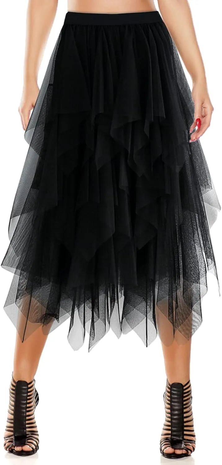 Women's Tulle Skirt A-Line High Low Asymmetrical 3 Layered Midi Length Elastic Waist Tutu Skirts