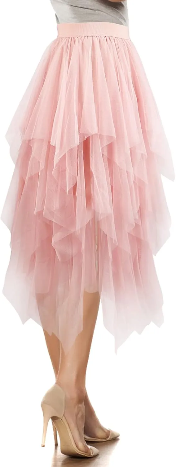 Women's Tulle Skirt A-Line High Low Asymmetrical 3 Layered Midi Length Elastic Waist Tutu Skirts