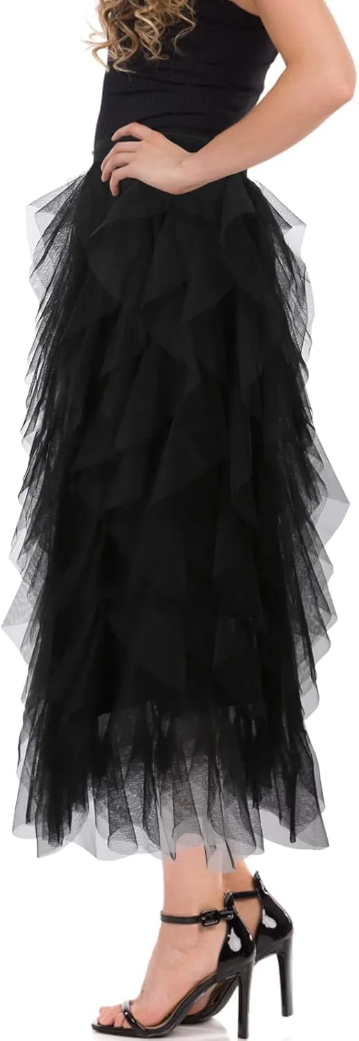 Women's Tulle Skirt A-Line High Low Asymmetrical 3 Layered Midi Length Elastic Waist Tutu Skirts