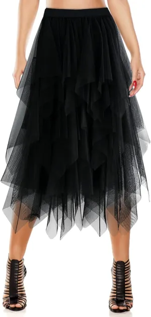 Women's Tulle Skirt A-Line High Low Asymmetrical 3 Layered Midi Length Elastic Waist Tutu Skirts