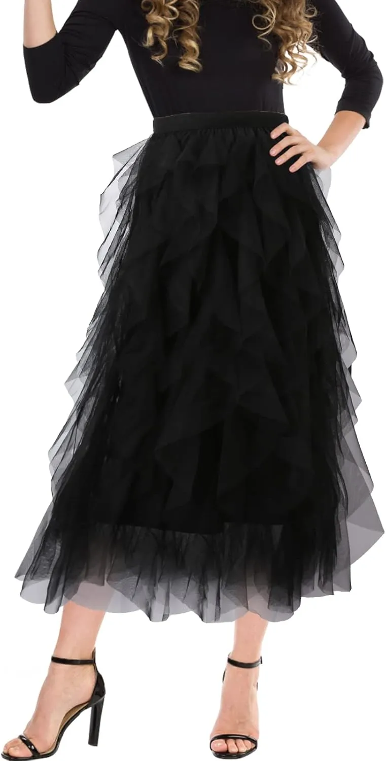 Women's Tulle Skirt A-Line High Low Asymmetrical 3 Layered Midi Length Elastic Waist Tutu Skirts