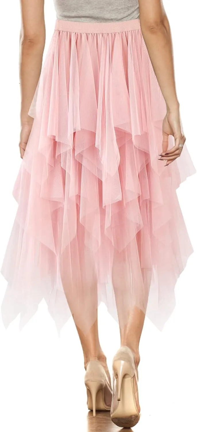 Women's Tulle Skirt A-Line High Low Asymmetrical 3 Layered Midi Length Elastic Waist Tutu Skirts