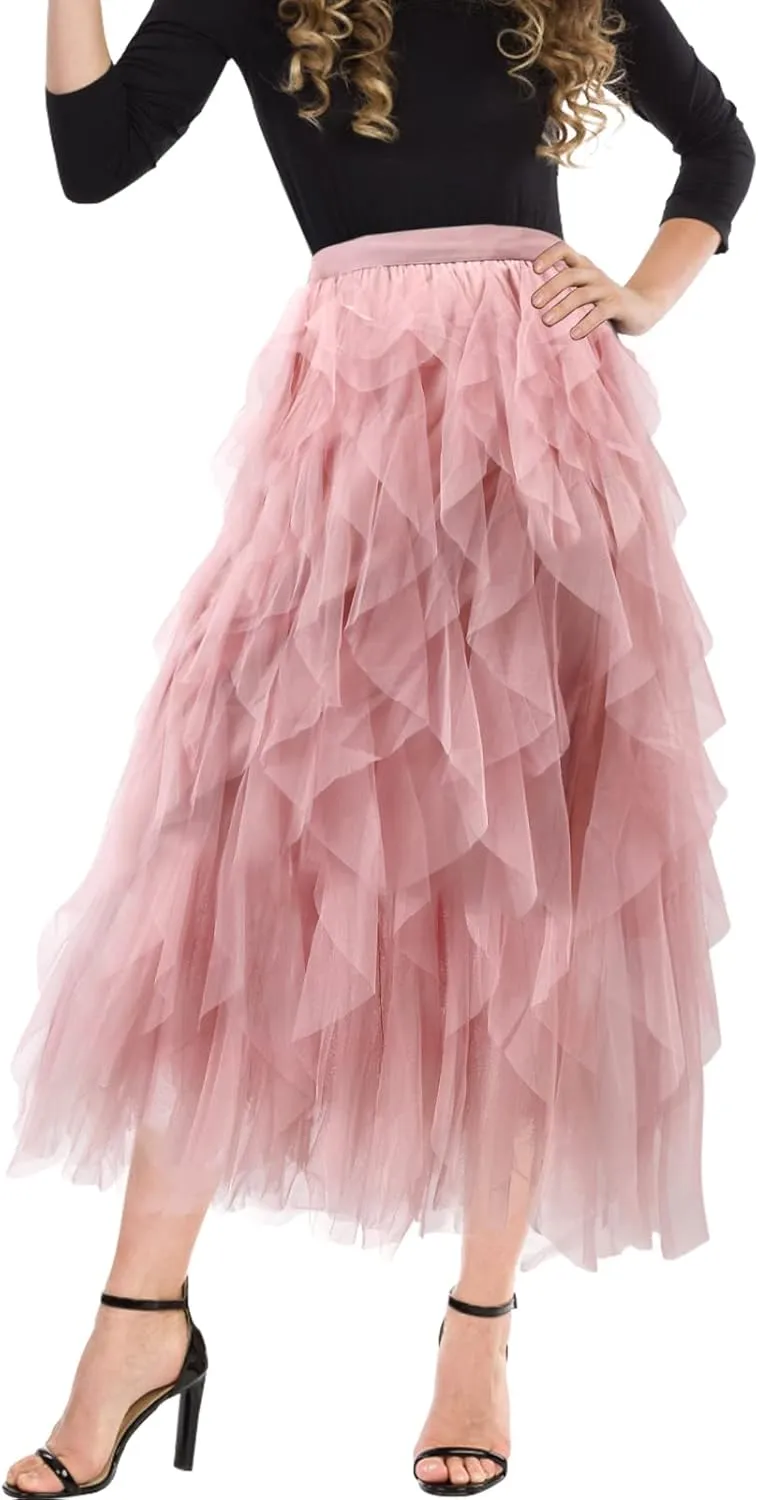 Women's Tulle Skirt A-Line High Low Asymmetrical 3 Layered Midi Length Elastic Waist Tutu Skirts