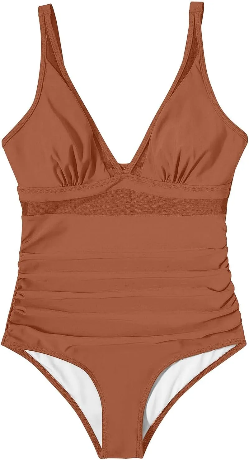 Womens Tummy Control Swimsuits One Piece Bathing Suits Mesh Sexy Slimming V Neck Swimwear