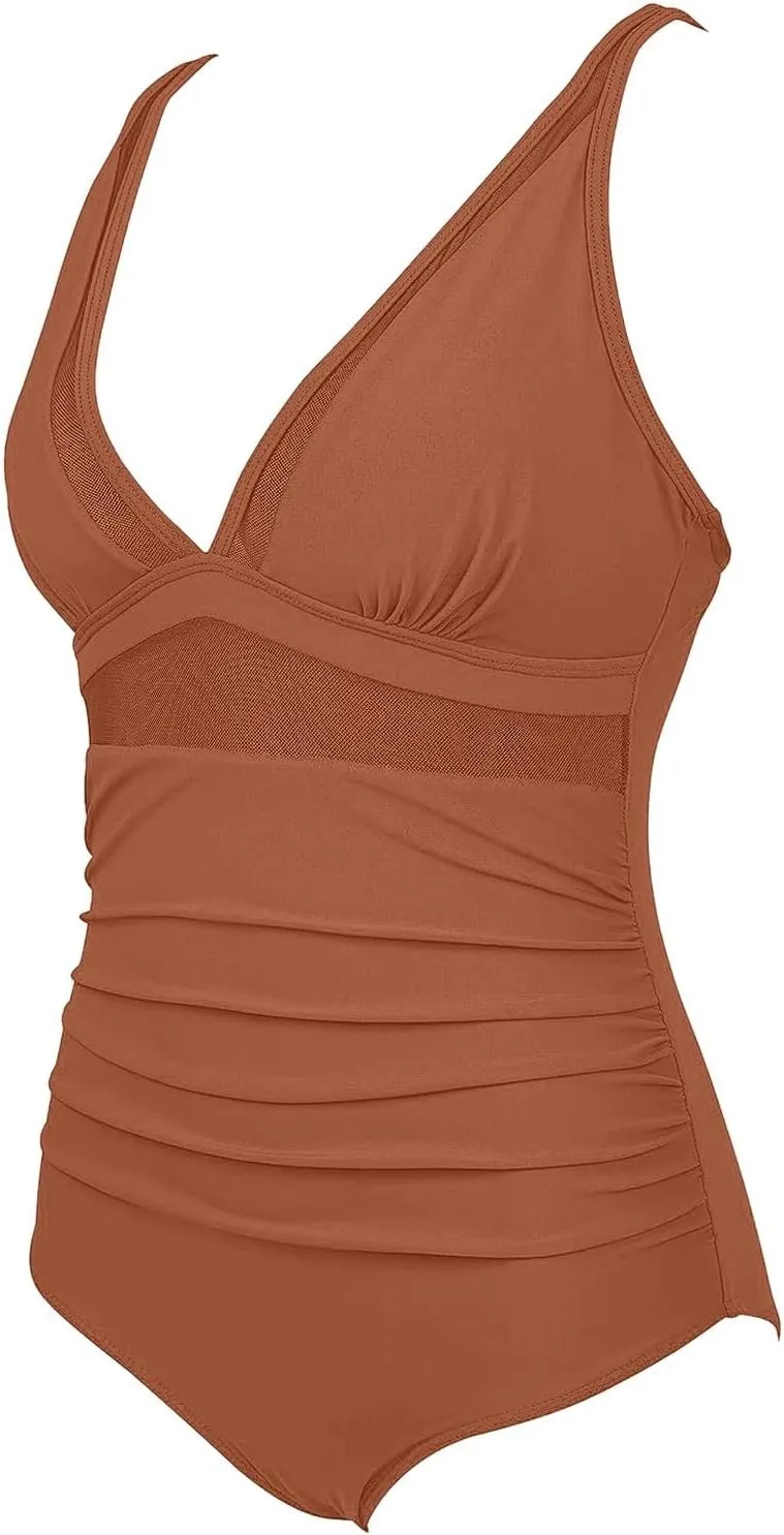 Womens Tummy Control Swimsuits One Piece Bathing Suits Mesh Sexy Slimming V Neck Swimwear