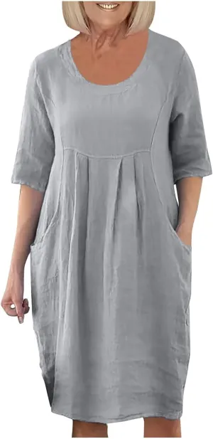 Womens V Neck 3/4 Sleeve Casual Loose Shift Tunic Smock Summer Dresses Vacation Dress with Pocket, Large