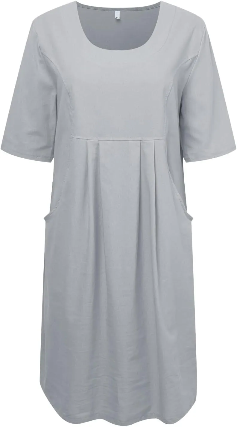 Womens V Neck 3/4 Sleeve Casual Loose Shift Tunic Smock Summer Dresses Vacation Dress with Pocket, Large
