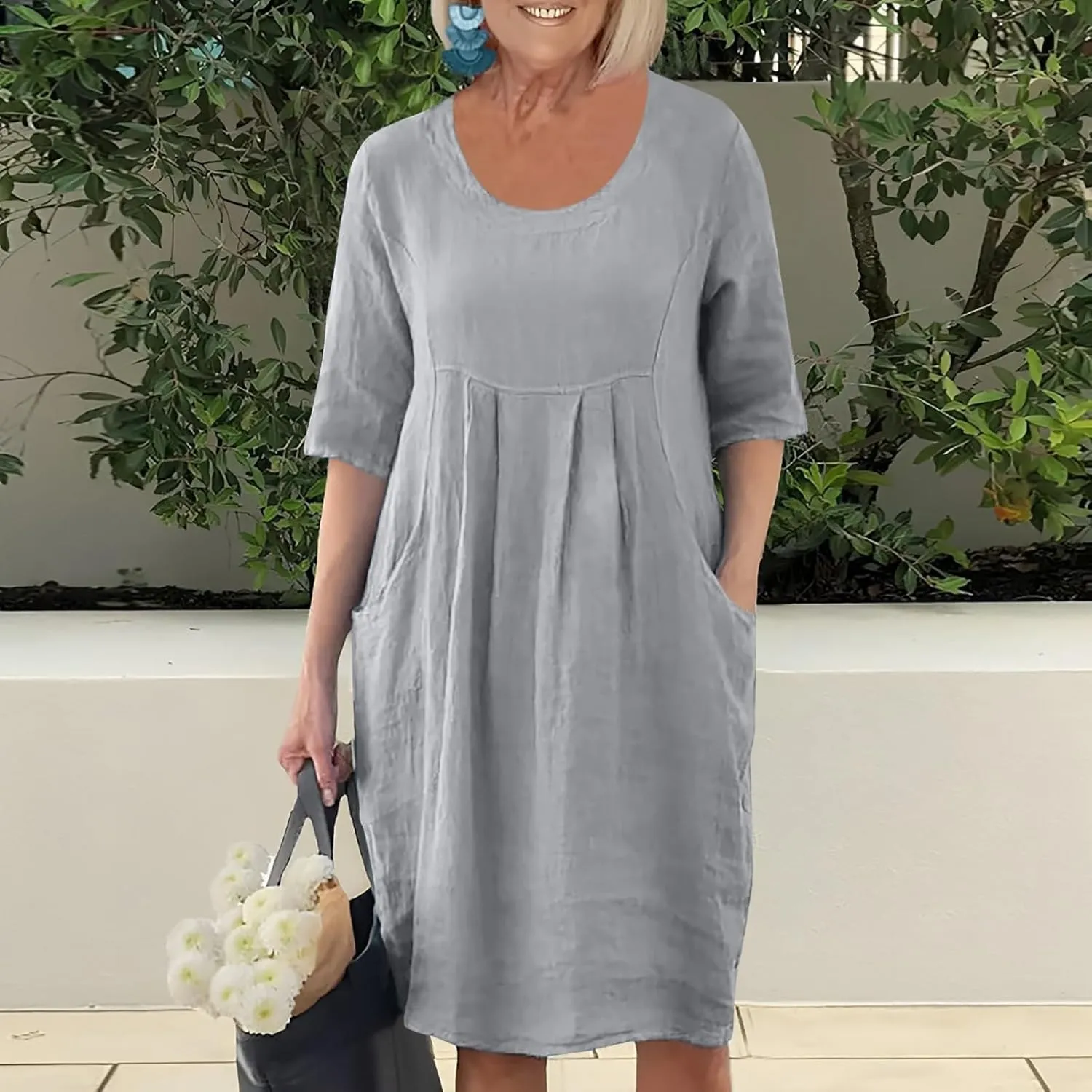 Womens V Neck 3/4 Sleeve Casual Loose Shift Tunic Smock Summer Dresses Vacation Dress with Pocket, Large