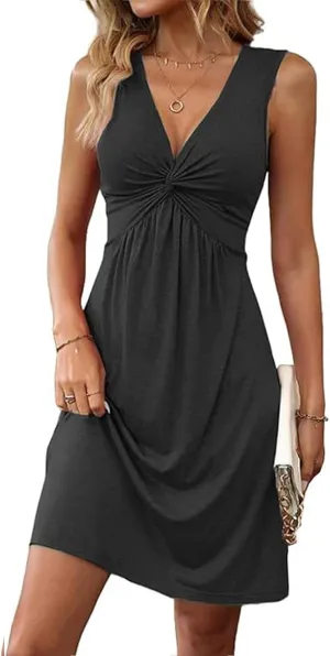 Women's V Neck Front Knotted Dresses Summer Dresses Sleeveless A-Line Beach Dress Cute Party Vacation Sundress
