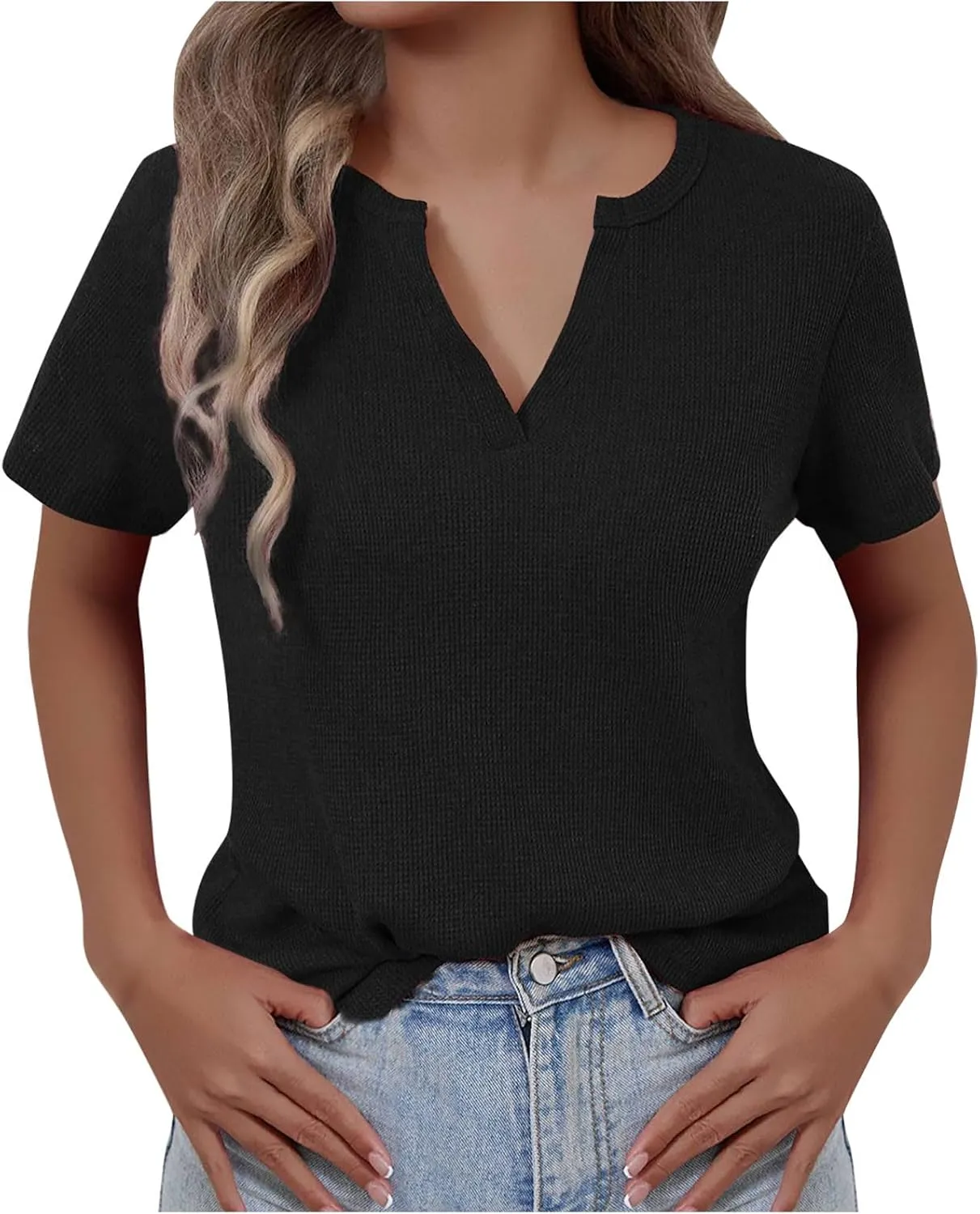 Womens Waffle T-Shirts Slim Fit V Neck Blouses 2025 Summer Short Sleeve Pullover Tees Basic Bottoming Tops