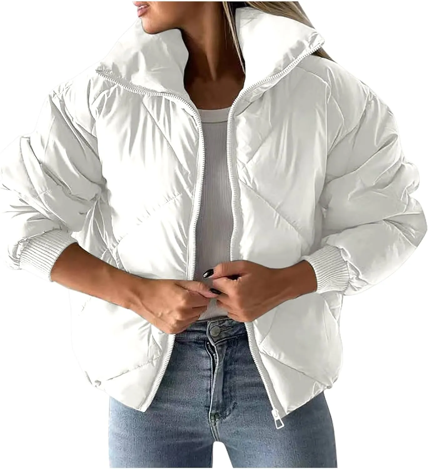 Womens Winter Puffer Jacket Warm Padded Wadded Jackets Zip Up Down Coats Quilted Puffy Outerwear Clothing