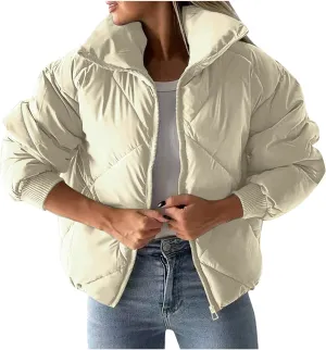 Womens Winter Puffer Jacket Warm Padded Wadded Jackets Zip Up Down Coats Quilted Puffy Outerwear Clothing