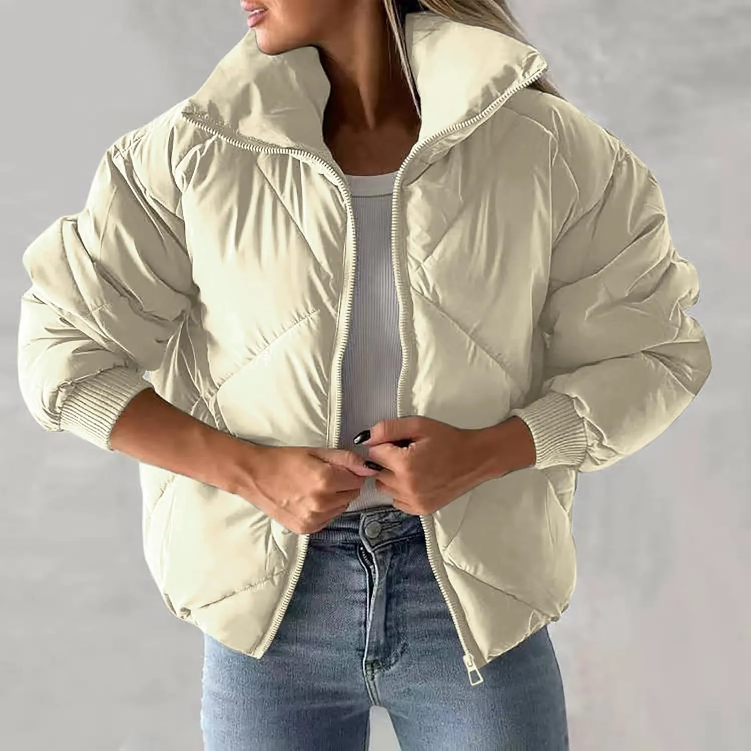 Womens Winter Puffer Jacket Warm Padded Wadded Jackets Zip Up Down Coats Quilted Puffy Outerwear Clothing