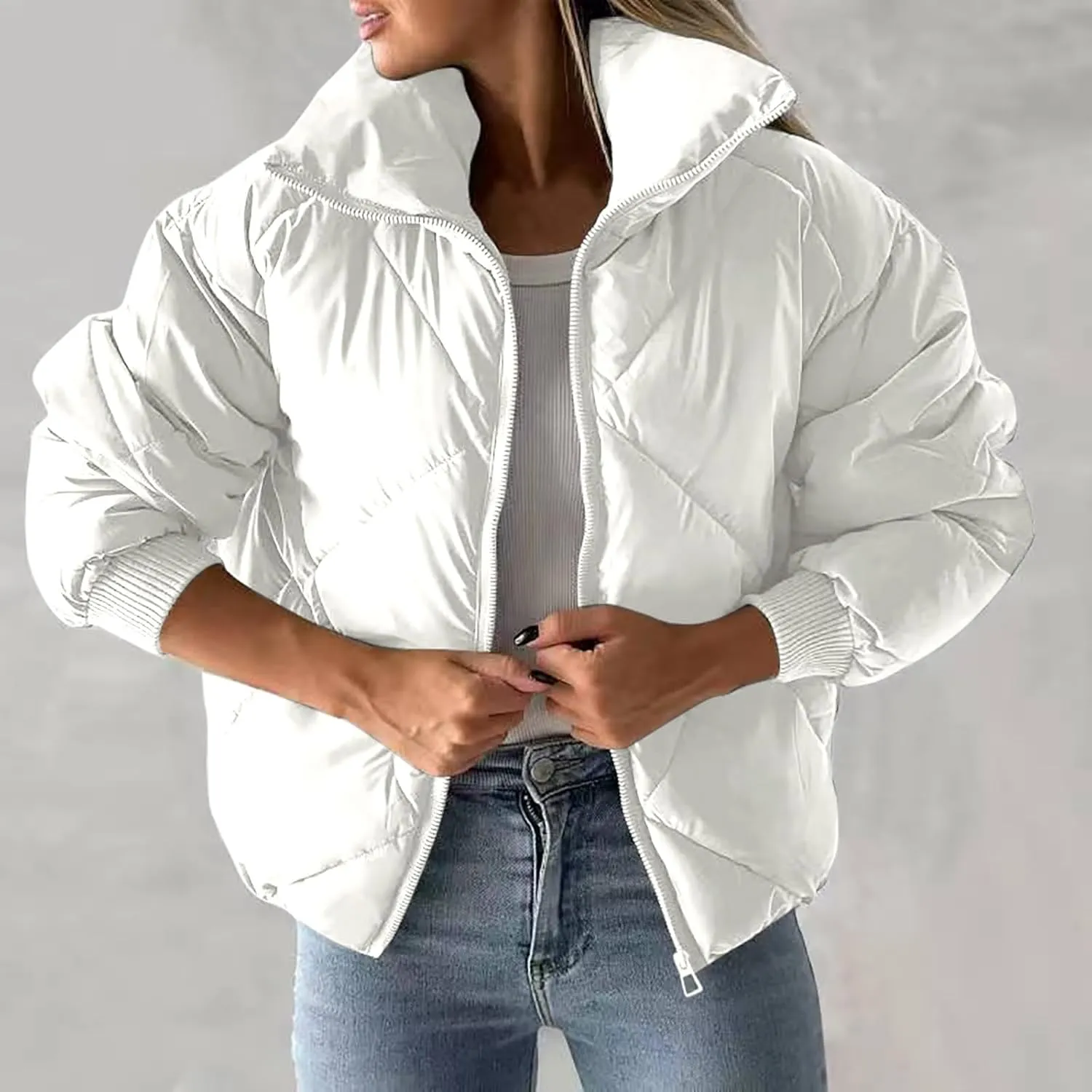 Womens Winter Puffer Jacket Warm Padded Wadded Jackets Zip Up Down Coats Quilted Puffy Outerwear Clothing