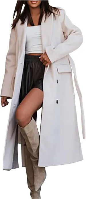 Women's Wool Blend Coat Oversized Long Coats Casual Winter Warm Double Breasted Pea Coat Jackets Outerwear with Belt