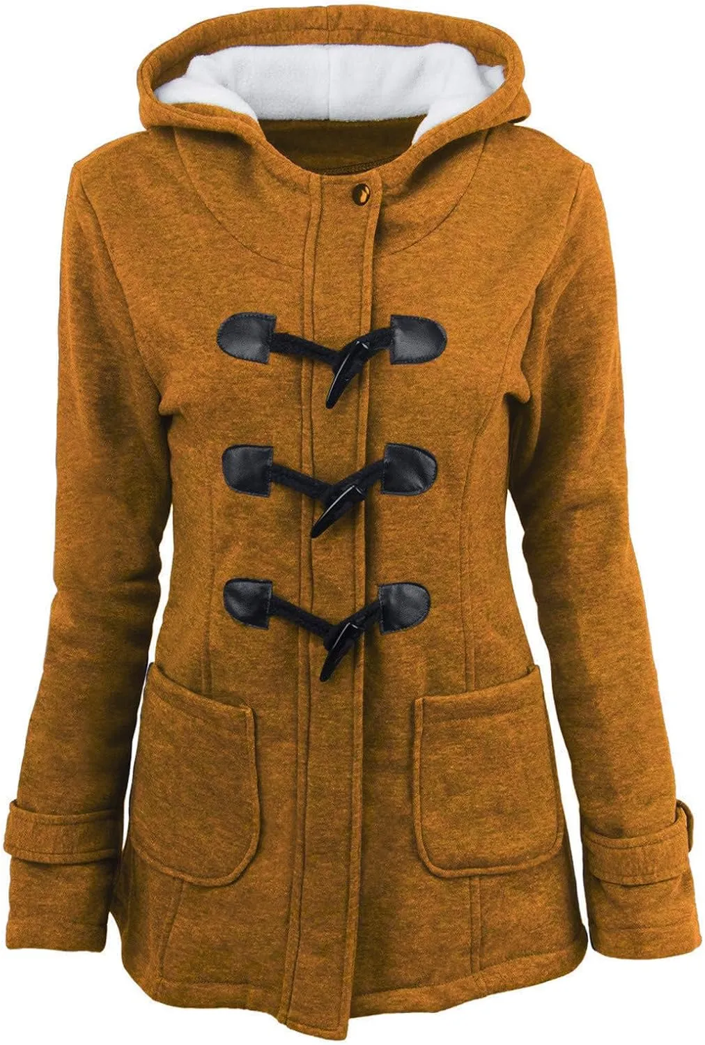 Womens Wool Blend Pea Coat Horn Button Fleece Coat Zipper Hooded Outwear Thicken Warm Casual Jackets with Pockets