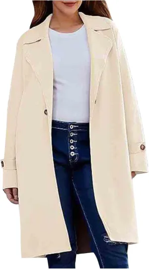 Women's Wool Blend Pea Coat Lapel Button Up Outerwear Trendy Jacket Business Overcoat Long Trench Coats with Pocket