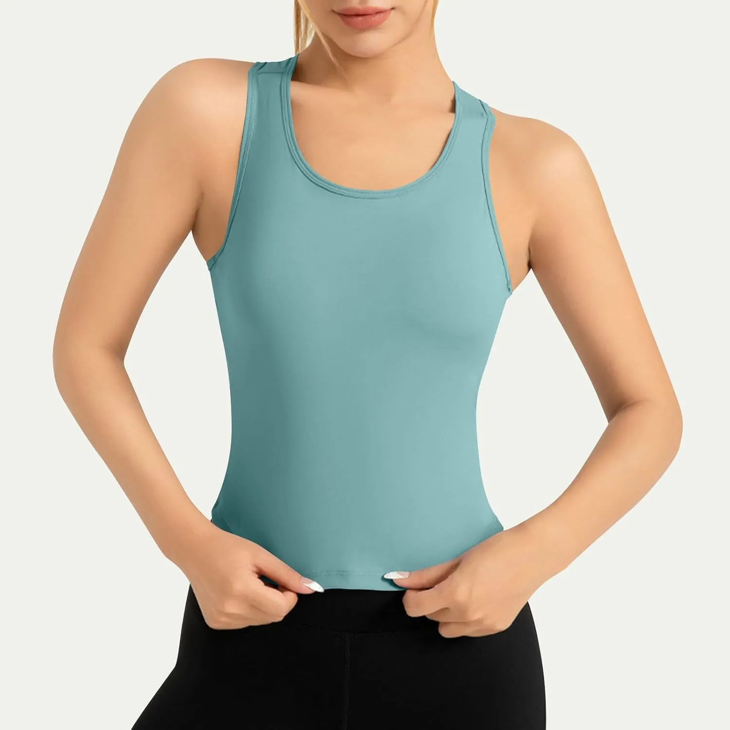 Womens Workout Sleeveless Tops Round Neck Seamless Athletic Tank Tops Summer Quick Dry Stretch Running Gym Yoga Shirts