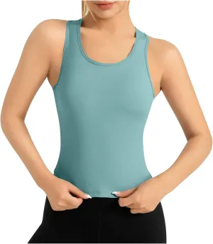 Womens Workout Sleeveless Tops Round Neck Seamless Athletic Tank Tops Summer Quick Dry Stretch Running Gym Yoga Shirts