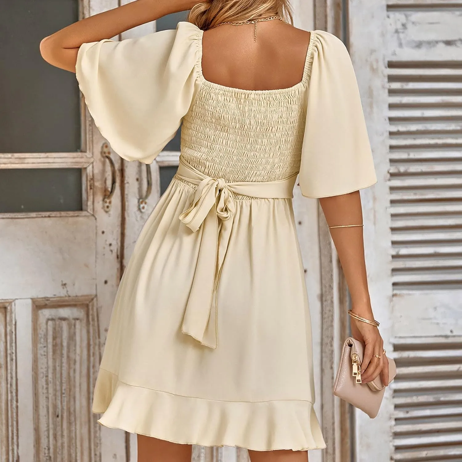 Womens Wrap Dress Formal Wedding Guest Dress V Neck Short Split Sleeve Ruffle Midi Dresses Casual Cocktail Party