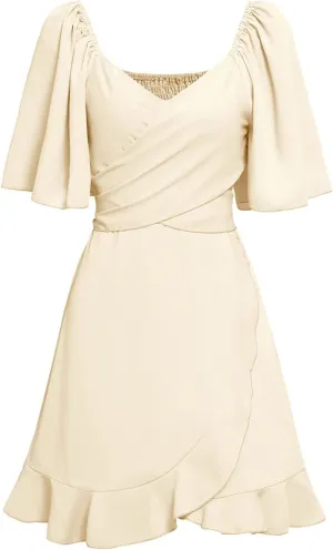 Womens Wrap Dress Formal Wedding Guest Dress V Neck Short Split Sleeve Ruffle Midi Dresses Casual Cocktail Party