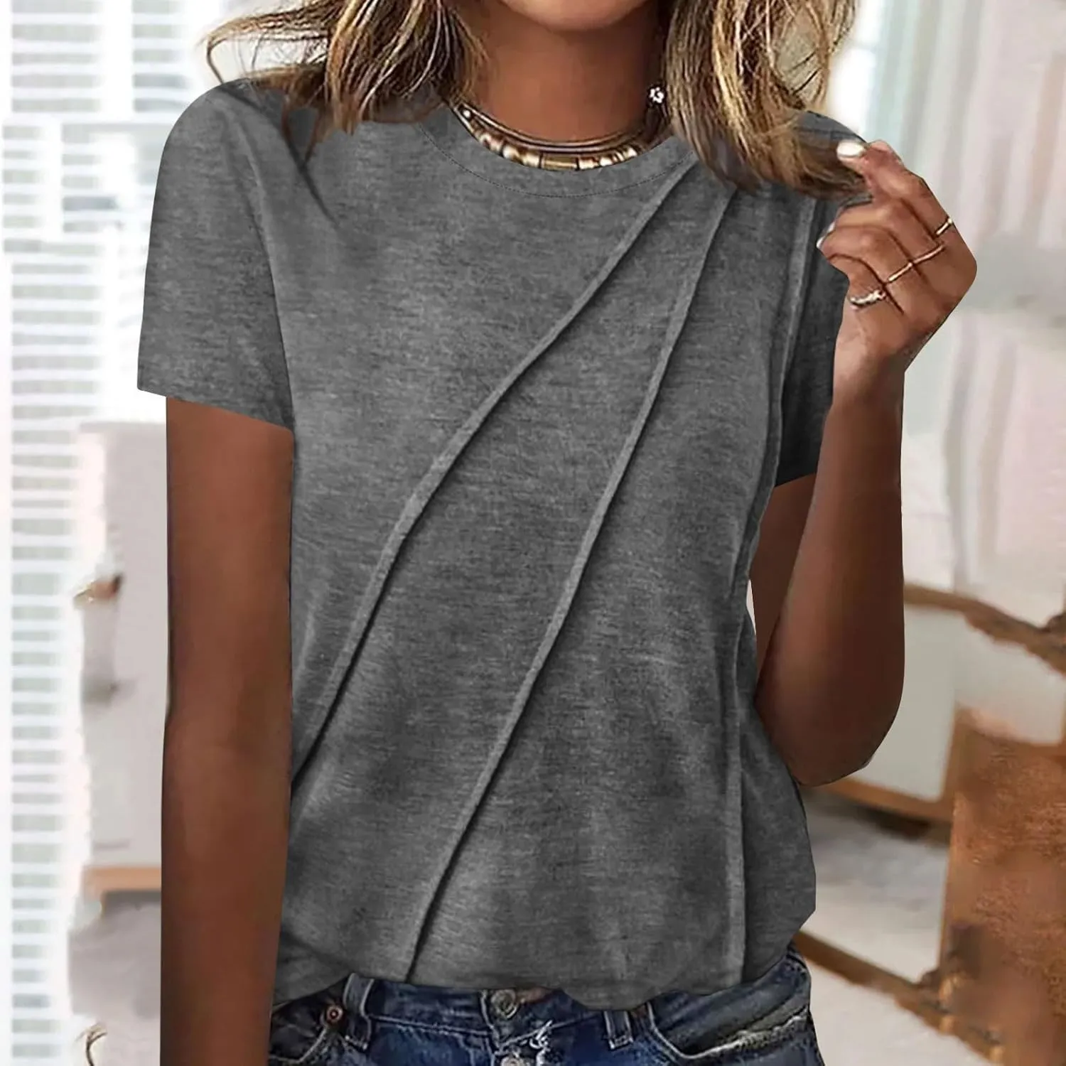 Womens Wrap Pleated Front T-Shirts Fashion Comfy Short Sleeve Tee Tops Casual Loose Fit Crewneck Solid Blouse Tunics
