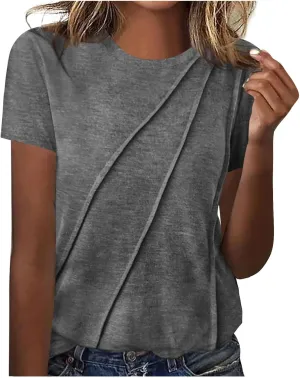 Womens Wrap Pleated Front T-Shirts Fashion Comfy Short Sleeve Tee Tops Casual Loose Fit Crewneck Solid Blouse Tunics