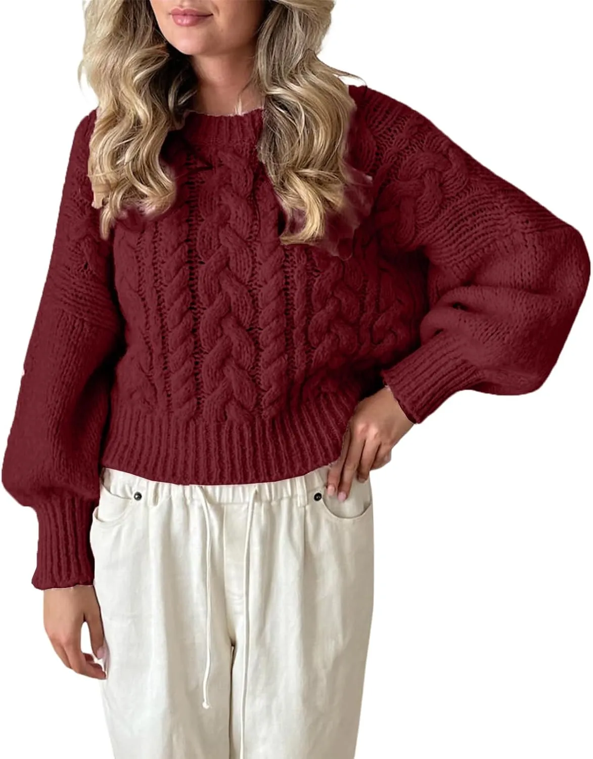 Women's Y2K Cable Knit Sweaters Chunky Long Sleeve Crewneck Cropped Pullover Sweater Tops Warm Jumper Tops Knitwear
