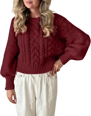 Women's Y2K Cable Knit Sweaters Chunky Long Sleeve Crewneck Cropped Pullover Sweater Tops Warm Jumper Tops Knitwear