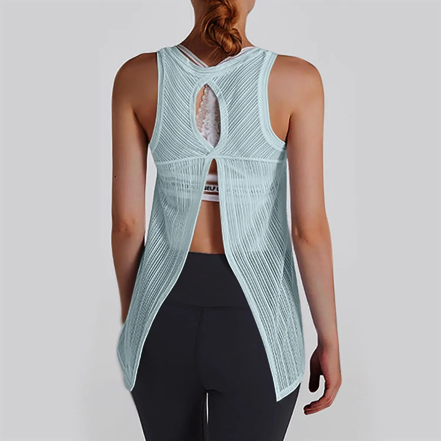 Womens Yoga Sleeveless Tank Tops Crewneck Back Hollow Out Split Athletic Top Summer Mesh Lightweight Quick Dry Shirts