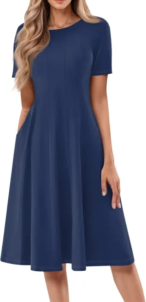 XOWRTE Women Summer Formal Dresses Casual Short Sleeve Midi Dresses Crewneck Solid Color Cocktail Dresses Wedding Guest Dress