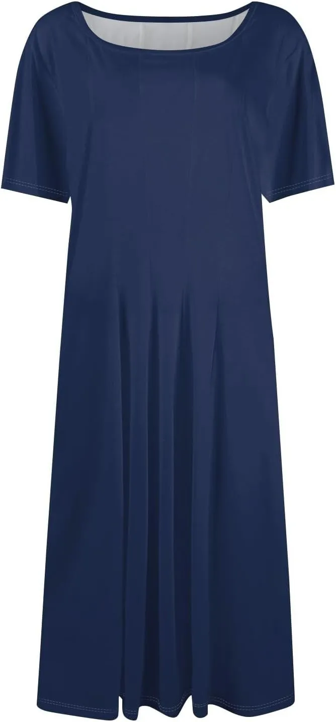 XOWRTE Women Summer Formal Dresses Casual Short Sleeve Midi Dresses Crewneck Solid Color Cocktail Dresses Wedding Guest Dress
