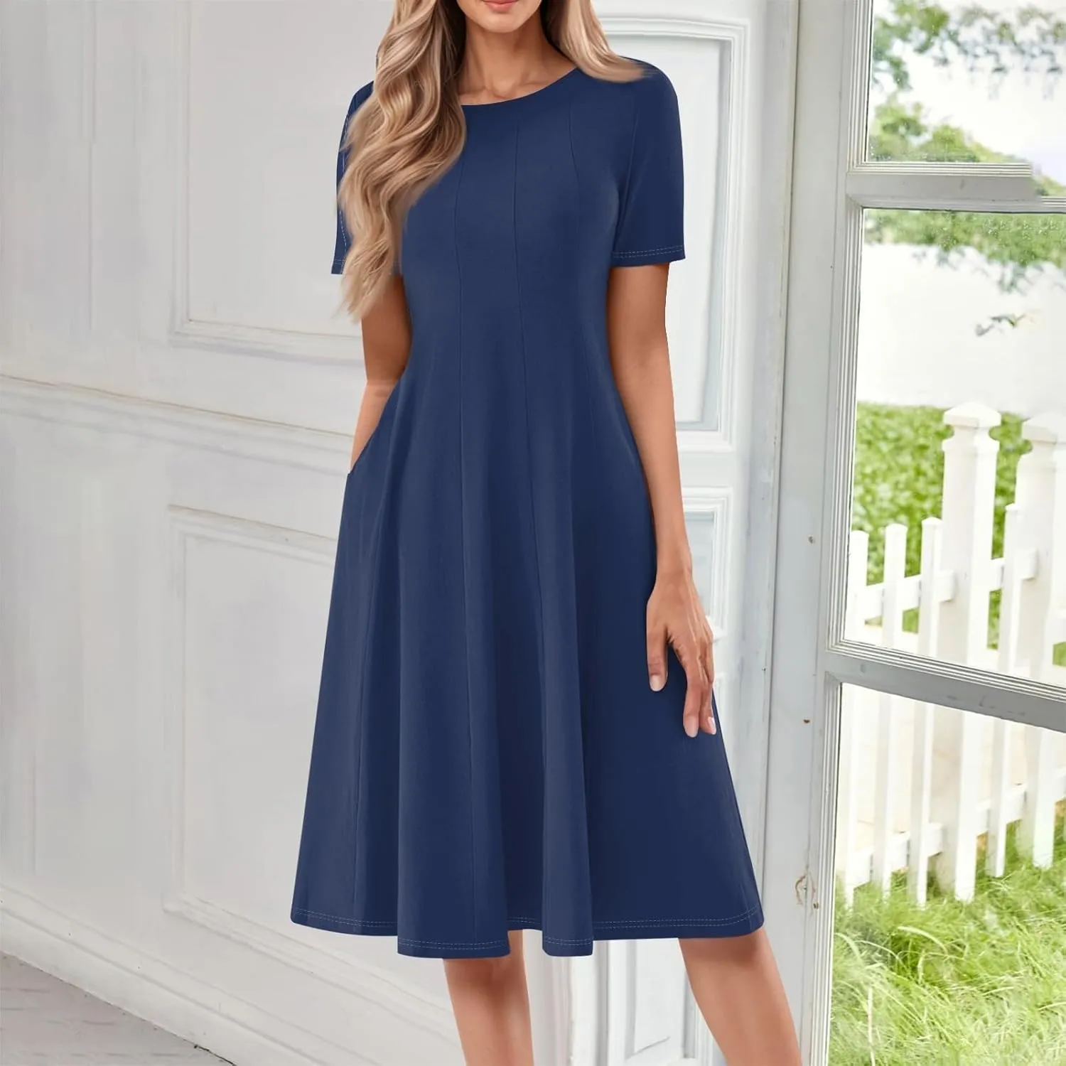XOWRTE Women Summer Formal Dresses Casual Short Sleeve Midi Dresses Crewneck Solid Color Cocktail Dresses Wedding Guest Dress