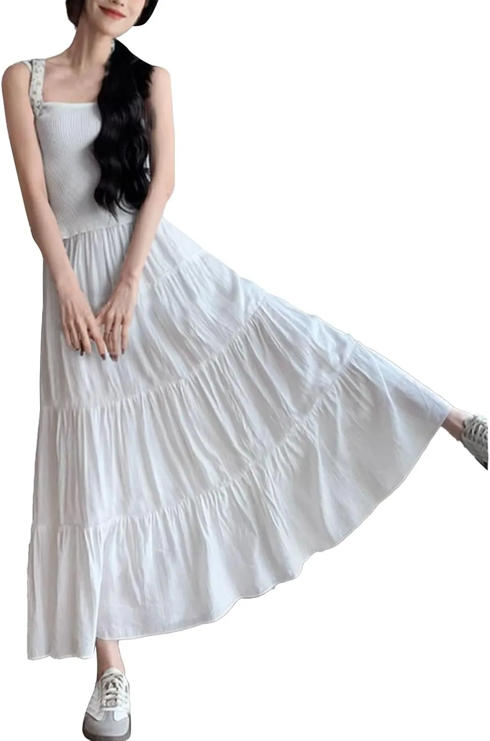 XOWRTE Womens Summer Boho Maxi Skirts Smocked High Wasited Flowy Tiered Ruffle A Line Long Beach Skirt Skirt