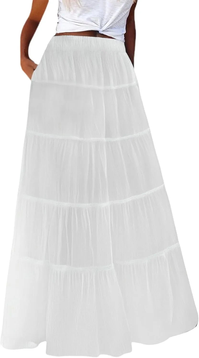 XOWRTE Womens Summer Boho Maxi Skirts Smocked High Wasited Flowy Tiered Ruffle A Line Long Beach Skirt Skirt