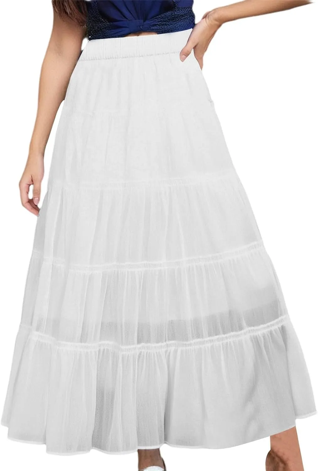 XOWRTE Womens Summer Boho Maxi Skirts Smocked High Wasited Flowy Tiered Ruffle A Line Long Beach Skirt Skirt