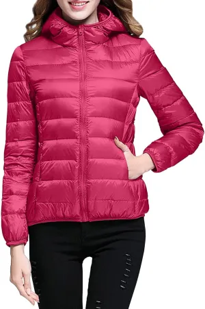 XUETON Womens Zip Up Lightweight Packable Down Puffer Jacket Autumn Winter Warm Hooded Windproof Water-Resistant Short Down Jacket Outerwear(Hot Pink,X-Large)