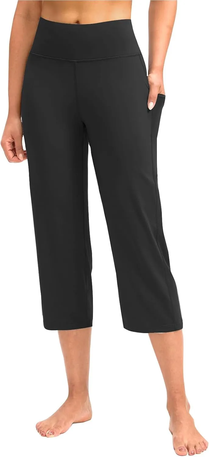 XUNRYAN Womens Capri Leggings Yoga Pants High Waist Crop Athletic Workout Gym Straight Leg Trousers Activewear with Pockets
