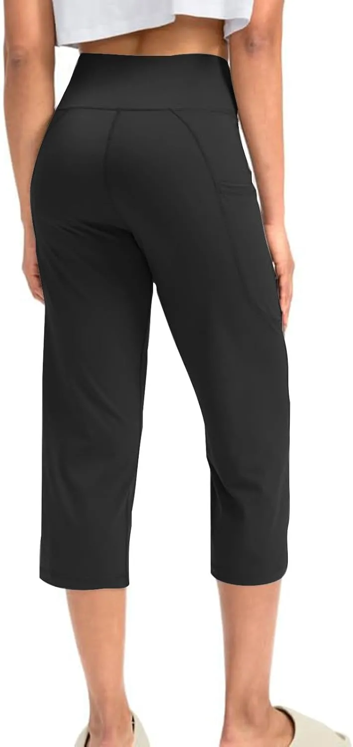 XUNRYAN Womens Capri Leggings Yoga Pants High Waist Crop Athletic Workout Gym Straight Leg Trousers Activewear with Pockets