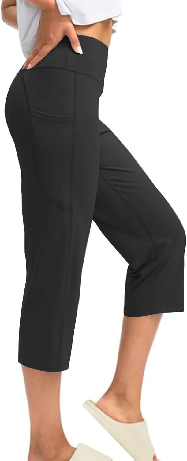 XUNRYAN Womens Capri Leggings Yoga Pants High Waist Crop Athletic Workout Gym Straight Leg Trousers Activewear with Pockets